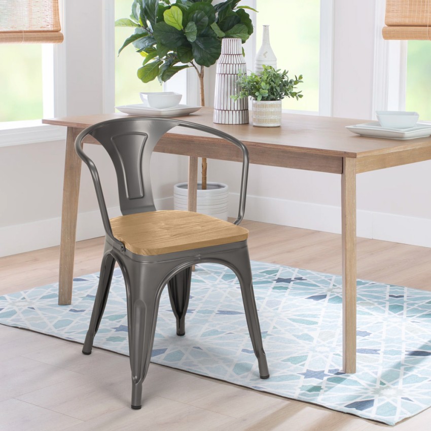 sillas de comedor de metal y madera estilo industrial steel wood arm light - Imagen 24 de 29