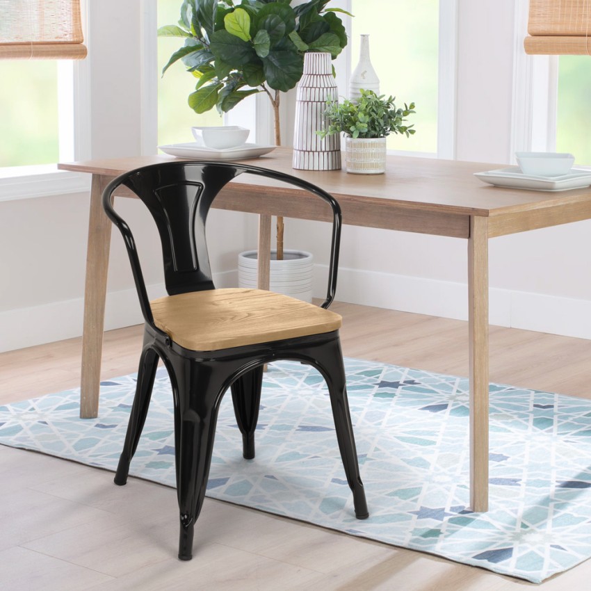 sillas de comedor de metal y madera estilo industrial steel wood arm light - Imagen 10 de 29