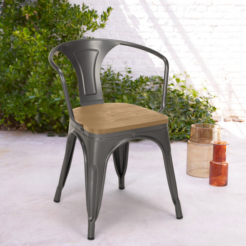 sillas de comedor de metal y madera estilo industrial steel wood arm light - Imagen 25 de 29