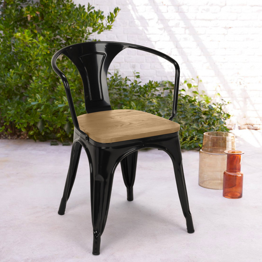 sillas de comedor de metal y madera estilo industrial steel wood arm light - Imagen 14 de 29